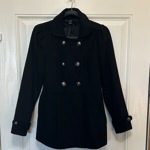 XX1 Elegant Black Pea Coat Double Breasted Button Front Flared Bottom Size S